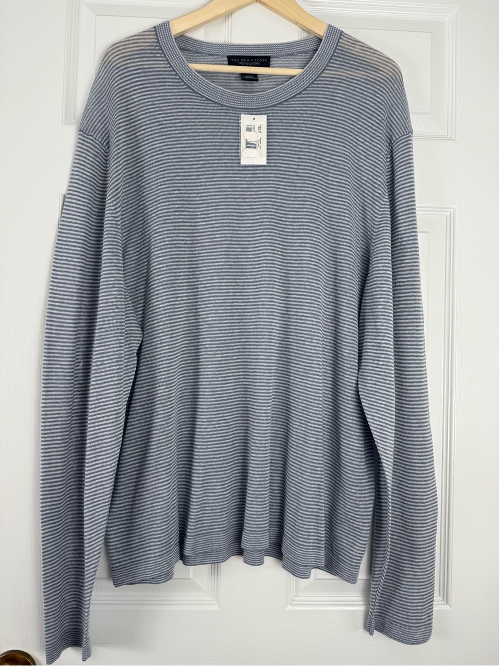 Bloomingdale's The Men's Store Striped LINEN Crewneck Sweater Blue Gray & White